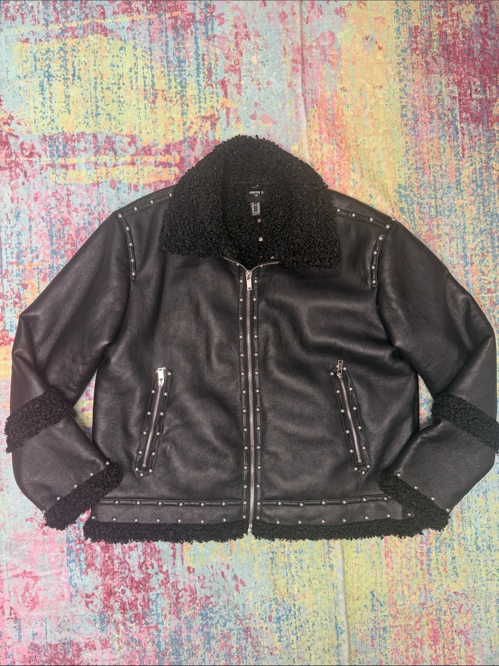 Forever 21 Black Faux Shearling Stud-Trim Bomber Jacket